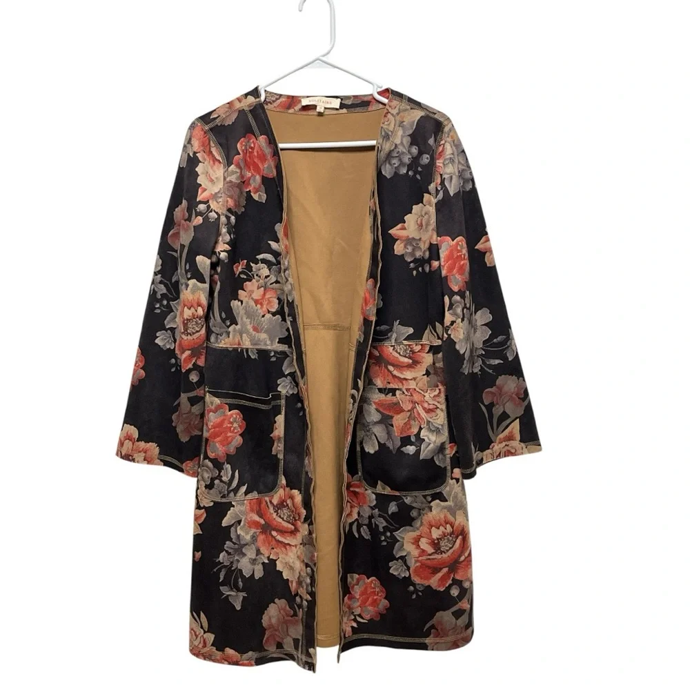 Solitaire Anthropologie Boho Floral Open Front Cardigan, Kimono, Suede Coat Sz M